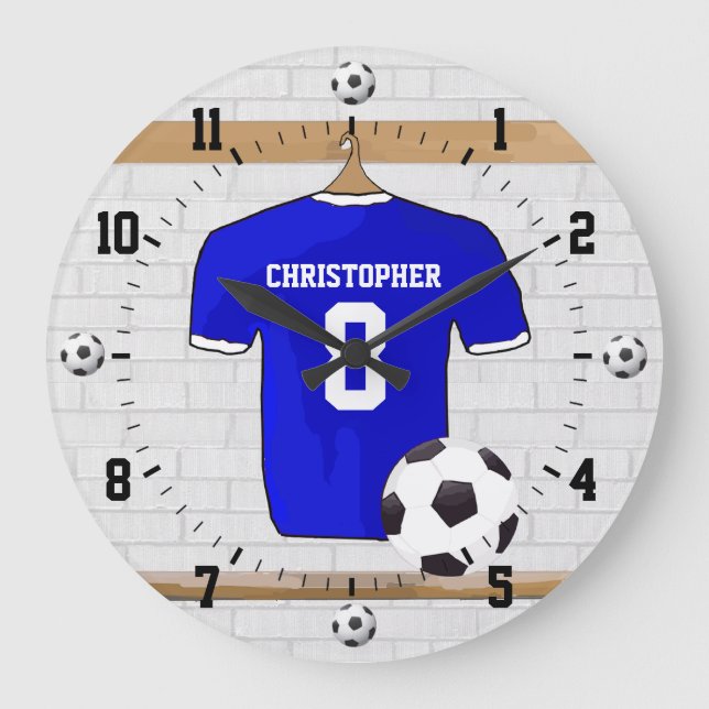 Personalised Blue White Football Soccer Jersey Large Clock (Front)
