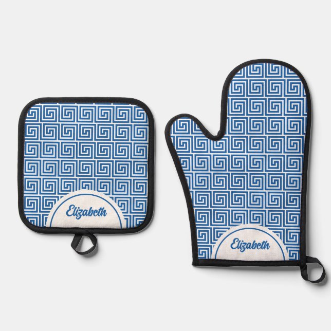 Personalised Blue White Greek Meander Key Oven Mitt & Pot Holder Set (Front)
