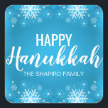 Personalised Blue White HAPPY HANUKKAH Snowflakes Square Sticker<br><div class="desc">Add these modern & personalised blue white HAPPY HANUKKAH holiday stickers to your greeting cards,  envelopes or gifts.  Snowflake patterns in different shades of blue.</div>