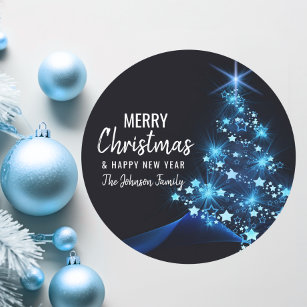 Personalised BLUE White MERRY CHRISTMAS Tree Classic Round Sticker