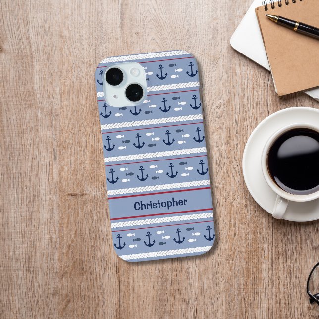 Personalised Blue White Nautical Anchors Case-Mate iPhone Case (Nautical Blue Red White Anchors Ships Sailing Boating Monogrammed iPhone Case)