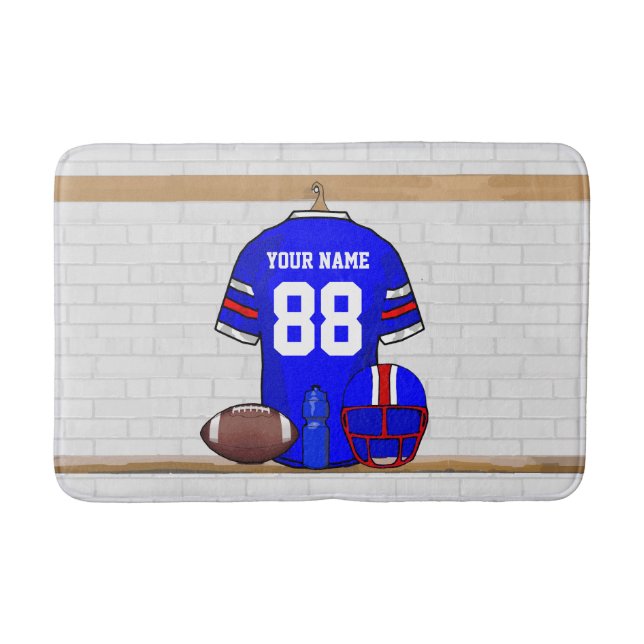 Personalised Blue White Red Football Jersey Bath Mat (Front)