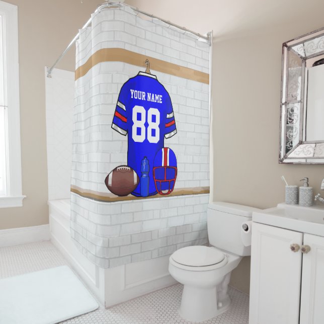 Personalised Blue White Red Football Jersey Shower Curtain (In Situ)