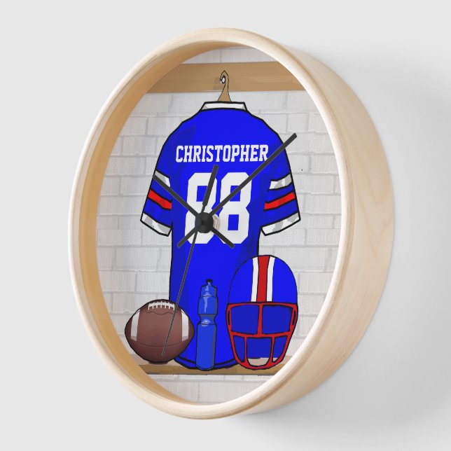 Personalised Blue White Red Football Jersey Wall Clock (Angle)