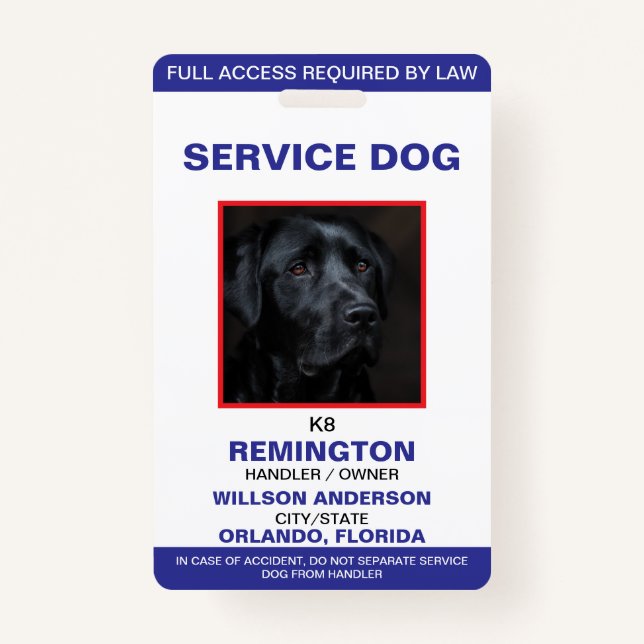 Personalised blue White Service Dog Photo ID ID Badge (Front)