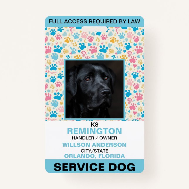 Personalised blue White Service Dog Photo ID ID Badge (Front)
