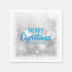 Personalised Blue White Snowflakes Merry Christmas Napkin