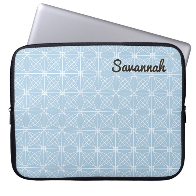 Personalised Blue White Tile Pattern Pretty Boho Laptop Sleeve (Front)