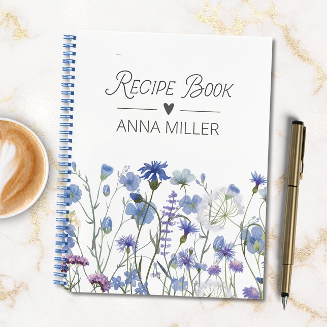 Personalised Blue Wildflower Floral Recipe Book (In situ)