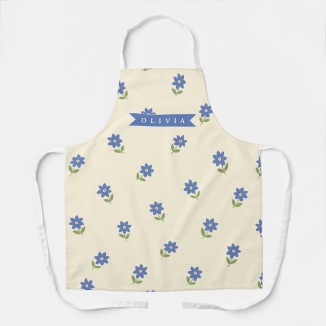 Personalised Blue Wildflower Pattern Name Gift Apron (Front)