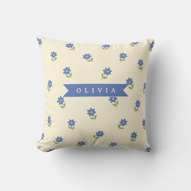 Personalised Blue Wildflower Pattern Name Gift Cushion (Front)