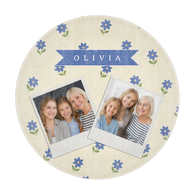Personalised Blue Wildflower Pattern Name Gift Cutting Board (Front)