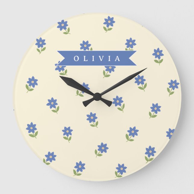 Personalised Blue Wildflower Pattern Name Gift Large Clock (Front)