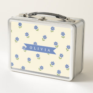 Personalised Blue Wildflower Pattern Name Gift Metal Lunch Box