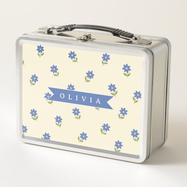 Personalised Blue Wildflower Pattern Name Gift Metal Lunch Box (Front)