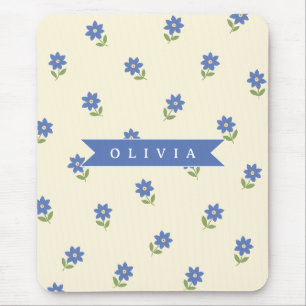 Personalised Blue Wildflower Pattern Name Gift Mouse Pad
