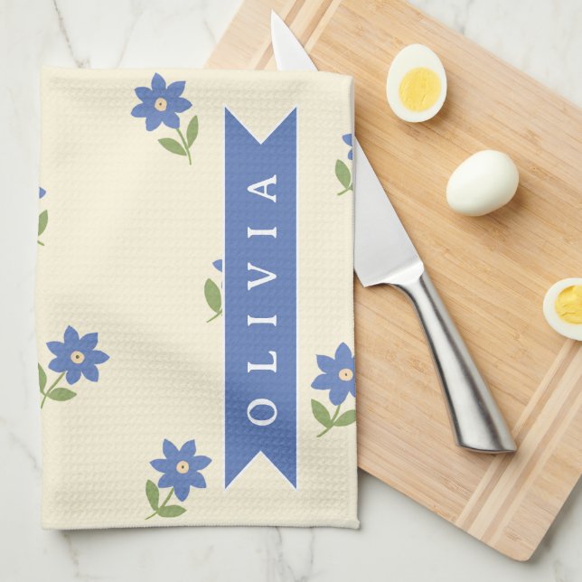 Personalised Blue Wildflower Pattern Name Gift Tea Towel (Quarter Fold)