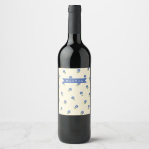 Personalised Blue Wildflower Pattern Name Gift Wine Label