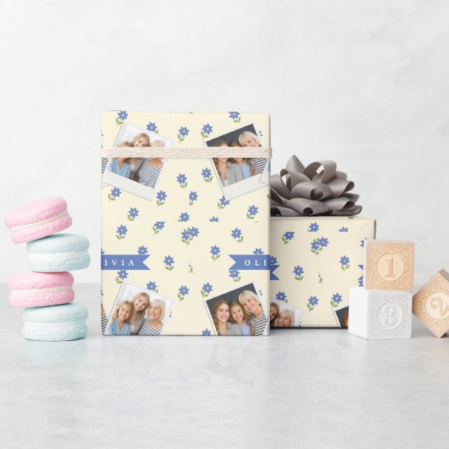 Personalised Blue Wildflower Pattern Name Gift Wrapping Paper (Baby Shower)
