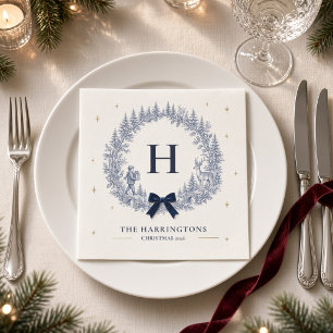 Personalised Blue Winter Toile Monogram Christmas  Napkin