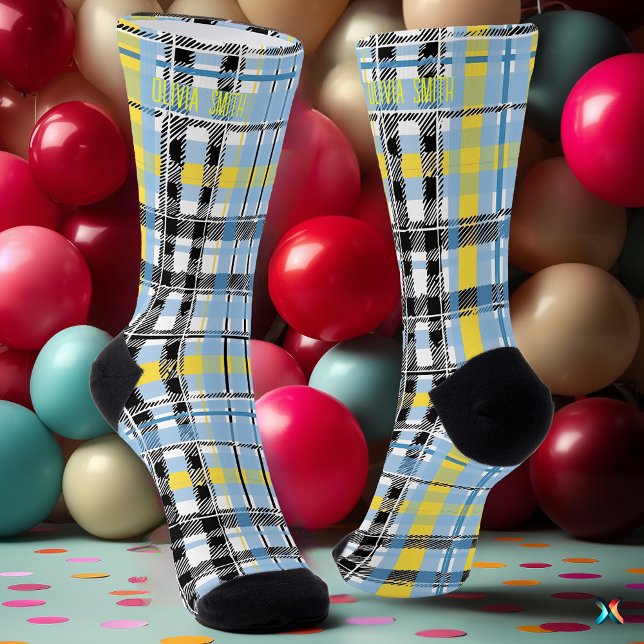 Personalised Blue, Yellow, and Black Tartan Custom Socks (Creator Uploaded)