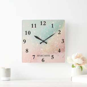 Personalised Blue Yellow Pink Pastels Square Wall Clock