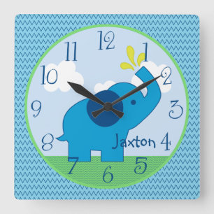 Personalised Blue Zig Zag Elephant Nursery Clock