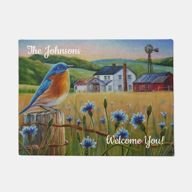 Personalised Bluebird Cornflowers Summer Farm Art  Doormat (Front)