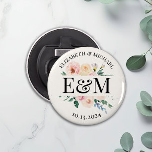 Personalised Blush Floral Wedding Favour Button Bottle Opener