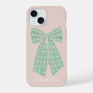 Personalised Blush Gingham Romantic Coquette Bow iPhone 15 Case