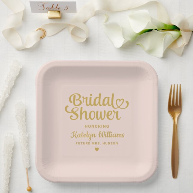Personalised Blush Gold Wedding Bridal Shower Paper Plate (Wedding)