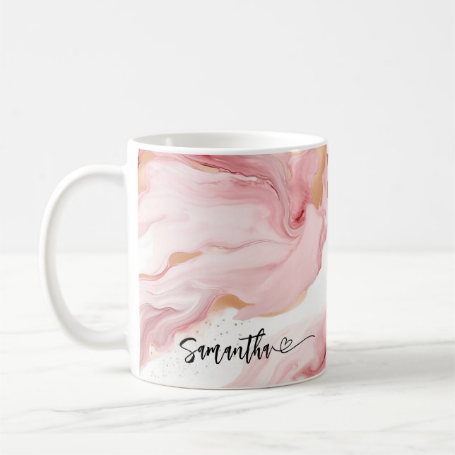 Personalised Blush Marble Flowing Name With Heart Coffee Mug (Left)
