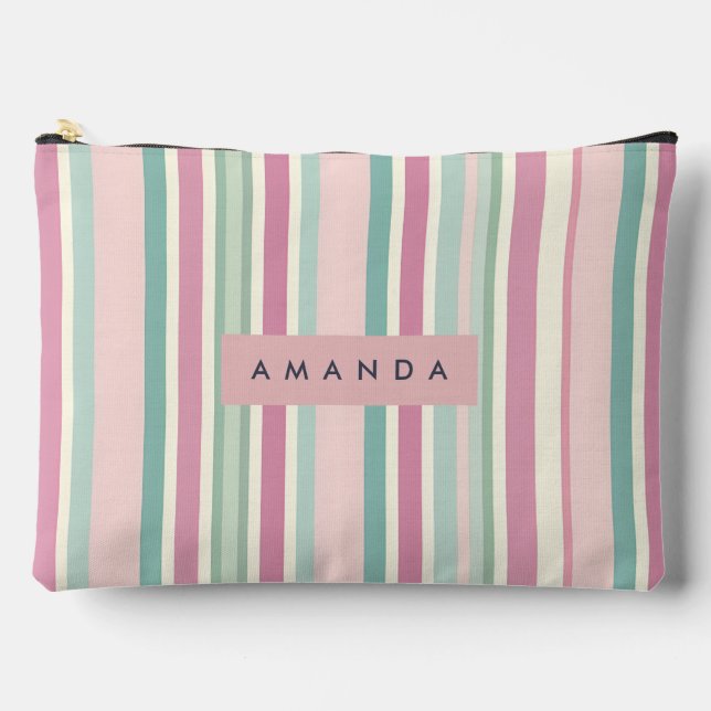 Personalised Blush Mint Pastel Stripes Accessory Pouch (Front)