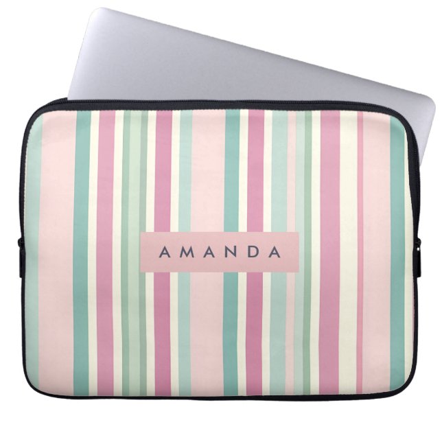 Personalised Blush Mint Pastel Stripes Laptop Sleeve (Front)