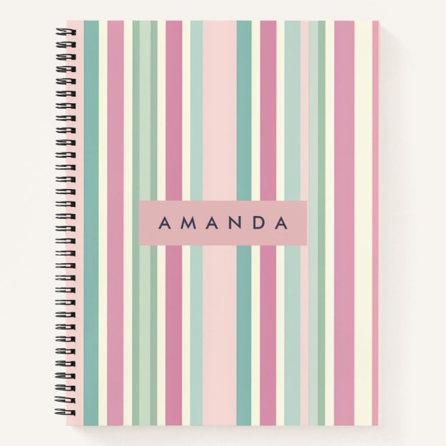 Personalised Blush Mint Pastel Stripes Notebook (Front)
