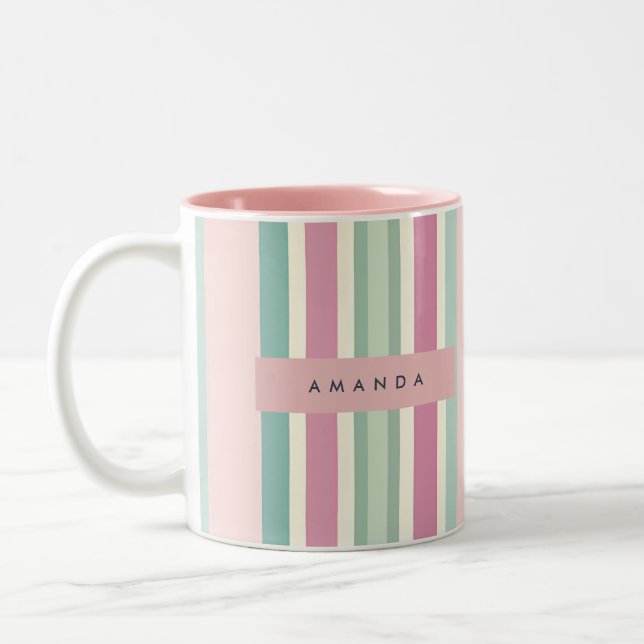 Personalised Blush Mint Pastel Stripes Two-Tone Coffee Mug (Left)