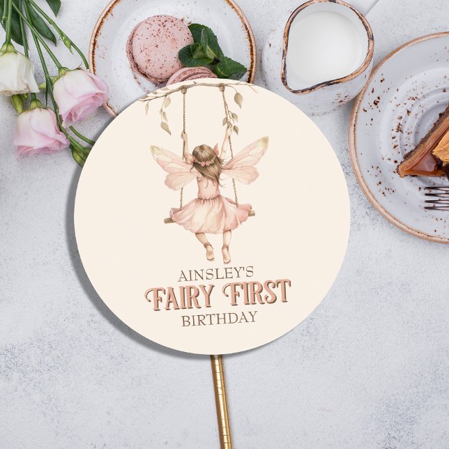 Personalised Blush Pink Fairy First 1st Birthday Classic Round Sticker (Creator Uploaded)
