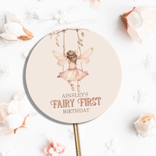 Personalised Blush Pink Fairy First 1st Birthday Classic Round Sticker (Creator Uploaded)