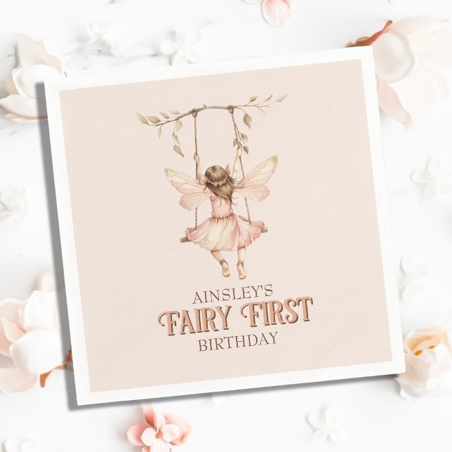 Personalised Blush Pink Fairy First 1st Birthday Napkin (Creator Uploaded)