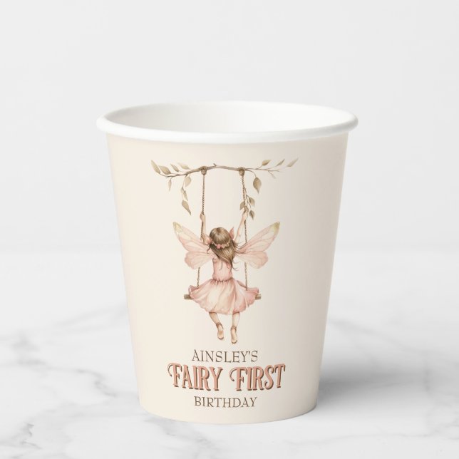Personalised Blush Pink Fairy First 1st Birthday Paper Cups (Front)