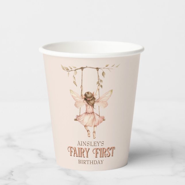 Personalised Blush Pink Fairy First 1st Birthday Paper Cups (Front)
