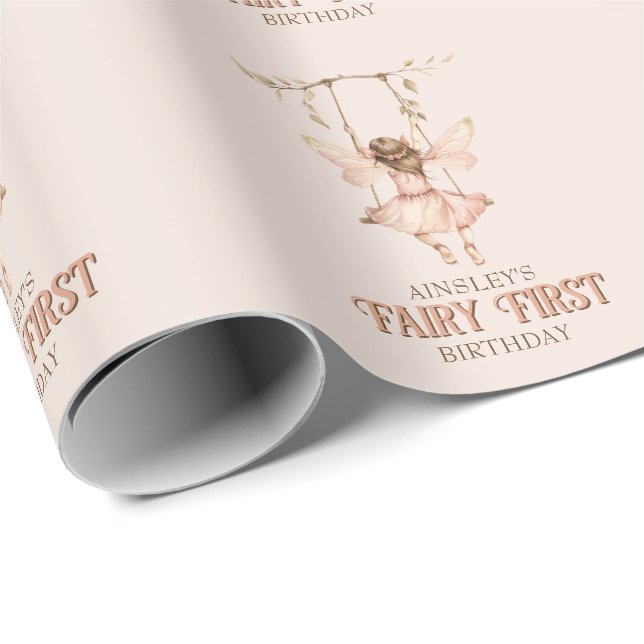 Personalised Blush Pink Fairy First 1st Birthday Wrapping Paper (Roll Corner)