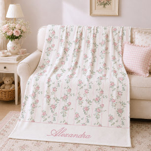 Personalised Blush Pink Floral Rose Fleece Blanket