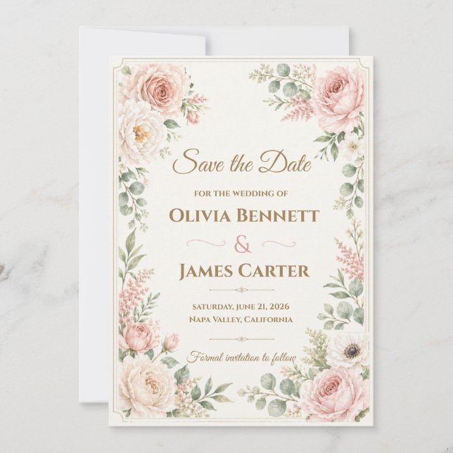 Personalised Blush Pink Floral Watercolor  Invitation (Front)