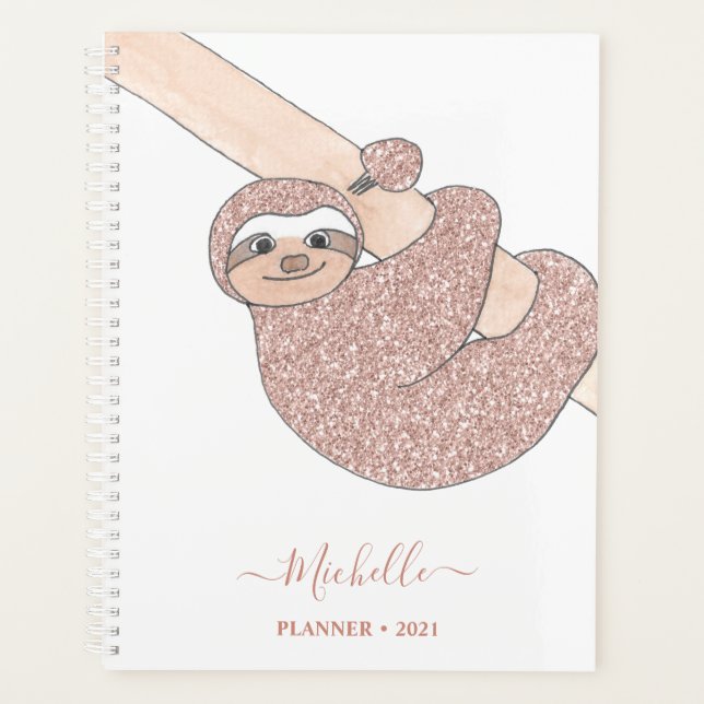 Personalised Blush Pink Glitter Sloth  Planner (Front)