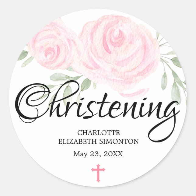 Personalised Blush Pink Rose and Cross Christening Classic Round Sticker (Front)