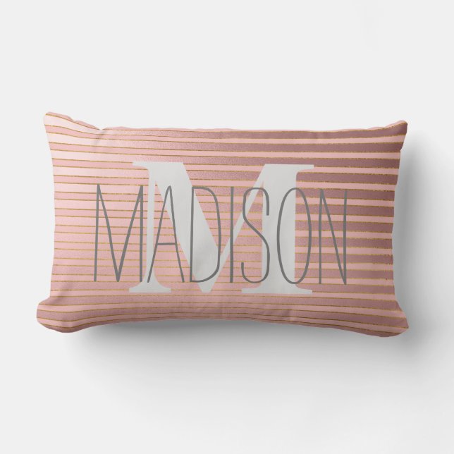 Personalised Blush Pink Striped Monogram Name Lumbar Cushion (Front)