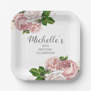 Personalised Blush Pink Watercolor Floral Birthday Paper Plate
