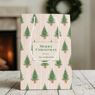 Personalised Blush Stripe Christmas Trees Holiday Medium Gift Bag