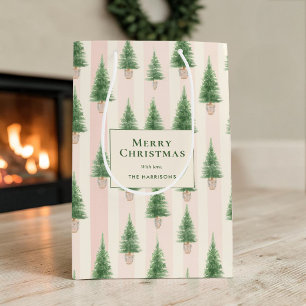 Personalised Blush Stripe Christmas Trees Holiday Medium Gift Bag